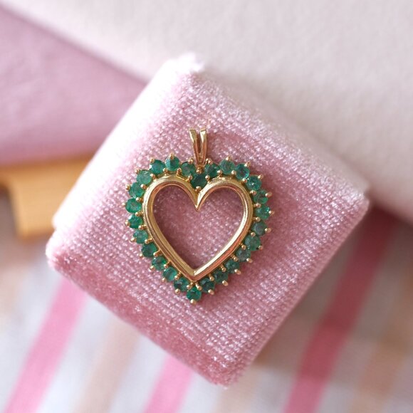 10KY Gold Heart Pendant w/ Real Emerald Stones - Picture 2 of 11